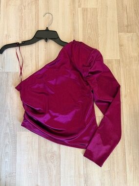 Express Magenta Satin One-Shoulder Puff Sleeve Top | Size Medium